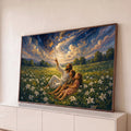 Jesus com duas crianças num campo de lírios brancos apontando para o céu estrelado, quadro decorativo