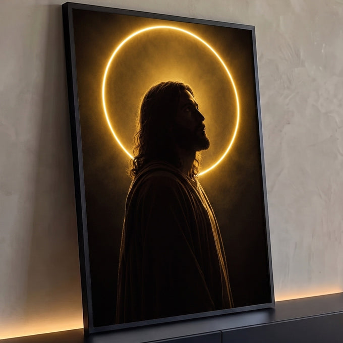 Quadro Decorativo Grande Jesus Cristo Halo para Sala Dourado | quadros decorativos para sala | silhueta de Jesus de perfil com halo circular dourado sobre fundo escuro | Porao dos Quadros