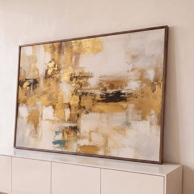 Quadro Decorativo Grande Abstrato com Texturas para Sala | quadros decorativos para sala | pintura abstrata com manchas de folha dourada sobre fundo bege e faixas pretas | Porao dos Quadros