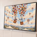 Quadro Decorativo Grande Balões de Livros para Sala Azul | quadros decorativos para sala | casal se dando as mãos em cestas suspensas por livros coloridos no céu | Porao dos Quadros