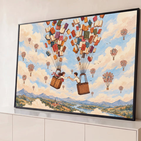Casal de mãos dadas em balões de livros coloridos sobre nuvens, montanhas e vilarejo em aquarela, quadro decorativo
