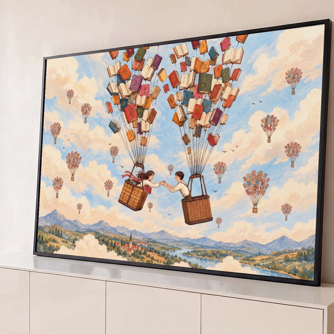 Quadro Decorativo Grande Balões de Livros para Sala Azul | quadros decorativos para sala | casal se dando as mãos em cestas suspensas por livros coloridos no céu | Porao dos Quadros