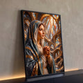 Quadro Decorativo Grande Nossa Senhora em Mosaico para Sala | quadros decorativos para sala | mulher de véu azul rezando com terço em mosaico dourado e vitrais ao fundo | Porao dos Quadros