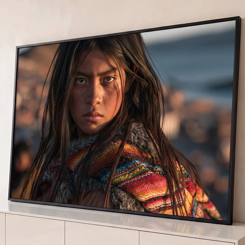 Menina indígena de cabelos longos e poncho colorido com olhar intenso sob luz dourada, quadro decorativo