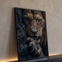 Quadro Decorativo Grande Leão com Olhar para Sala Marrom - Borda Infinita / 100x65cm