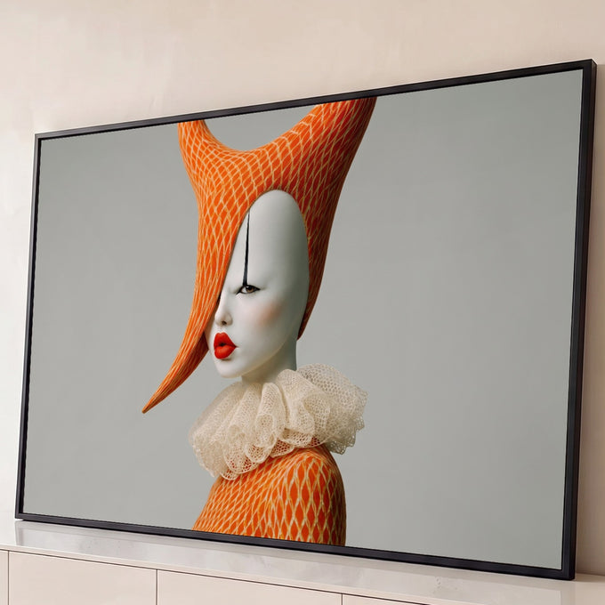 Mulher pierrô com chapéu laranja, lábios vermelhos e gola de renda em fundo cinza, quadro decorativo