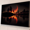 Quadro Decorativo Grande Lua com Rastros de Luz para Sala | quadros decorativos para sala | lua gigante com rastros de luz laranja sobre árvores silhuetadas refletidas no lago | Porao dos Quadros