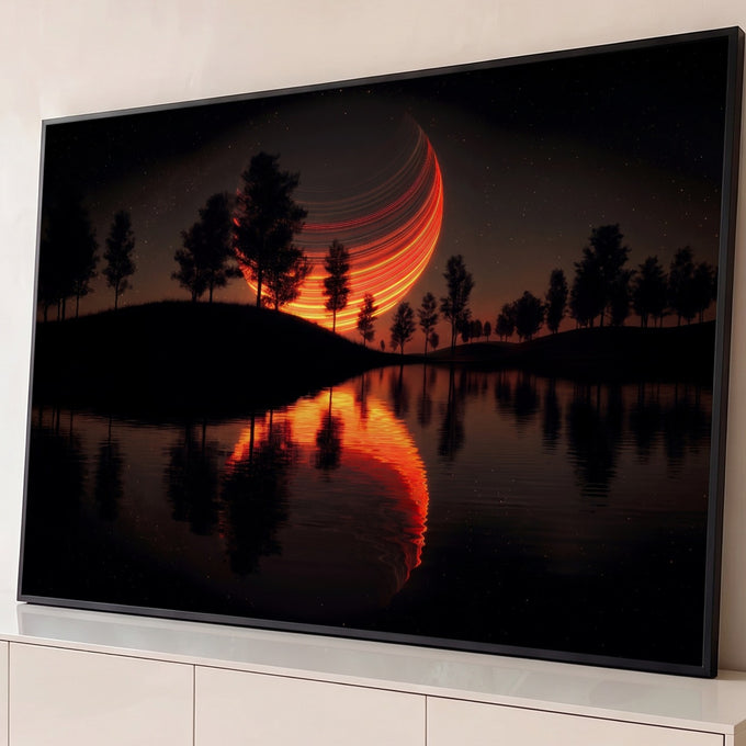 Quadro Decorativo Grande Lua com Rastros de Luz para Sala | quadros decorativos para sala | lua gigante com rastros de luz laranja sobre árvores silhuetadas refletidas no lago | Porao dos Quadros