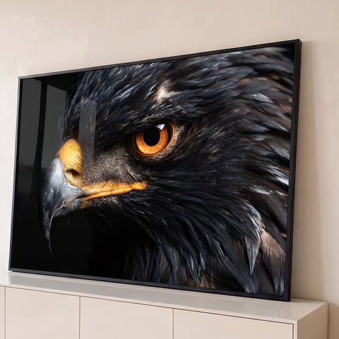 Quadro Decorativo Águia de Olhar Laranja em Fundo Preto | quadros decorativos para sala | close do rosto de uma águia com olho laranja intenso e penas pretas | Porao dos Quadros