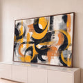 Quadro Decorativo Grande Abstrato Círculos Amarelo para Sala | quadros decorativos para sala | círculos abstratos em preto e amarelo mostarda sobre fundo bege com toques de laranja | Porao dos Quadros