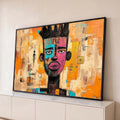 Quadro Decorativo Grande Rosto Dividido para Sala Laranja | quadros decorativos para sala | rosto estilizado dividido em azul e rosa com fundo laranja texturizado | Porao dos Quadros