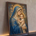 Quadro Decorativo Grande Nossa Senhora Art Nouveau para Sala | quadros decorativos para sala | Nossa Senhora de manto azul abraçando o Menino Jesus com auréolas douradas | Porao dos Quadros