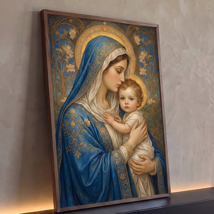 Quadro Decorativo Grande Nossa Senhora Art Nouveau para Sala | quadros decorativos para sala | Nossa Senhora de manto azul abraçando o Menino Jesus com auréolas douradas | Porao dos Quadros