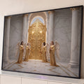 Quadro Decorativo Grande Anjos Dourados Dourado para Sala | quadros decorativos para sala | quatro anjos com túnicas douradas e asas brancas diante de um portão dourado ornamentado | Porao dos Quadros