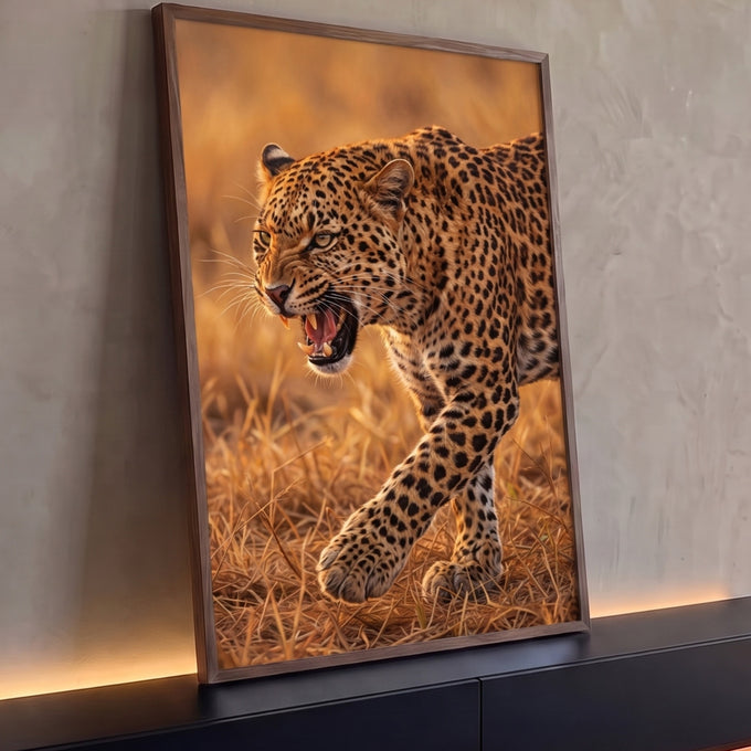 Quadro Decorativo Grande Leopardo Rosnando Dourado para Sala | quadros decorativos para sala | leopardo rosnando em close caminhando sobre grama seca dourada | Porao dos Quadros