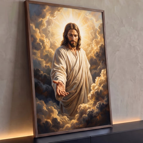 Jesus Cristo de manto branco com mão estendida entre nuvens douradas e halo de luz, quadro decorativo