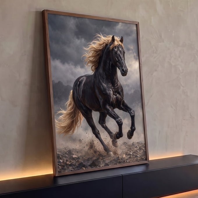 Cavalo preto galopando com crina dourada ao vento, poeira e céu tempestuoso, quadro decorativo