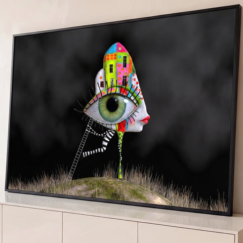 Olho verde gigante com cílios, casinha colorida, lábios e escada em fundo preto, quadro decorativo