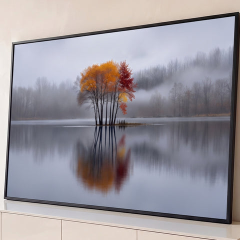 Árvores de outono laranja e vermelhas numa ilhota refletidas em lago com neblina cinza, quadro decorativo