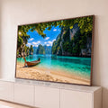 Quadro Decorativo Grande Lagoa Turquesa para Sala Azul | quadros decorativos para sala | lagoa turquesa com falésias verdes e barco de madeira na praia tropical | Porao dos Quadros