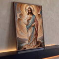 Quadro Decorativo Grande Jesus Cristo Mosaico para Sala | quadros decorativos para sala | Jesus Cristo em oração com manto azul e vermelho sobre fundo em mosaico dourado | Porao dos Quadros