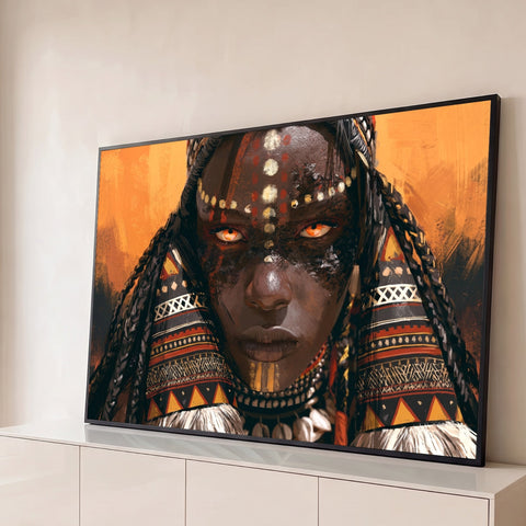 Guerreira africana com pintura facial, tranças e adornos tribais sobre fundo laranja, quadro decorativo
