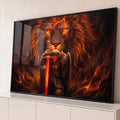 Quadro Decorativo Grande Leão em Chamas para Sala Laranja | quadros decorativos para sala | leão gigante em chamas atrás de guerreiro em armadura com espada flamejante | Porao dos Quadros