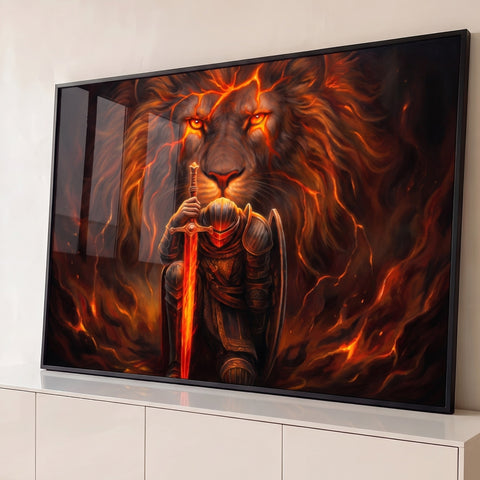 Leão em chamas atrás de guerreiro ajoelhado com espada flamejante, quadro decorativo