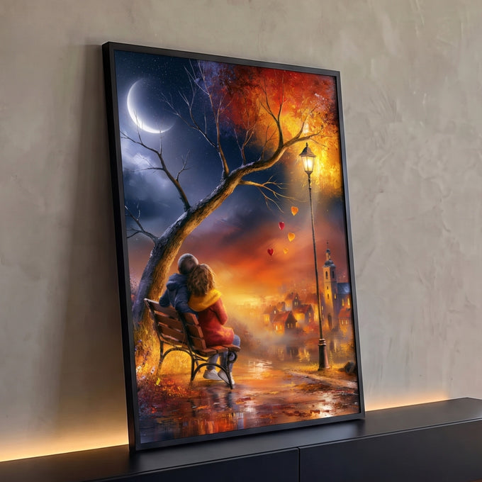Quadro Decorativo Casal Jovem no Banco sob Árvore de Outono | quadros decorativos para sala | casal jovem abraçado em banco sob árvore de outono com corações flutuantes | Porao dos Quadros