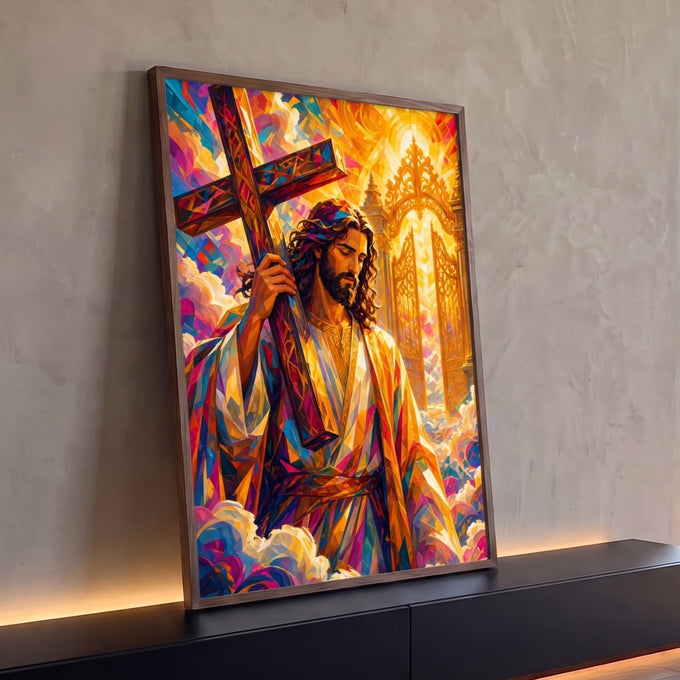 Quadro Decorativo Grande Jesus Cruz para Sala Dourado | quadros decorativos para sala | Jesus Cristo segurando cruz de madeira diante de portão dourado em mosaico colorido | Porao dos Quadros