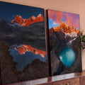Quadro Decorativo Grande Cordilheira Nevada para Sala Azul | quadros decorativos para sala | cordilheira nevada com lago turquesa e céu rosa ao entardecer | Porao dos Quadros