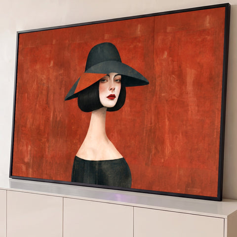 Ilustração de mulher com chapéu de aba larga, cabelo chanel e batom vermelho em fundo terracota, quadro decorativo