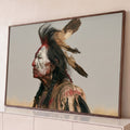 Quadro Decorativo Guerreiro Indígena de Perfil com Penas | quadros decorativos para sala | homem indígena de perfil com pintura facial vermelha e branca e penas no cabelo | Porao dos Quadros