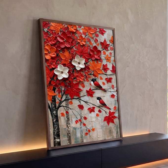 Quadro Decorativo Árvore Vermelha com Pássaros em Textura | quadros decorativos para sala | árvore florida vermelha e laranja em textura com dois pássaros pousados nos galhos | Porao dos Quadros
