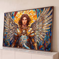 Quadro Decorativo Grande Anjo Guerreiro para Sala Dourado | quadros decorativos para sala | anjo guerreiro de armadura dourada com asas grandes e halo em mosaico colorido | Porao dos Quadros