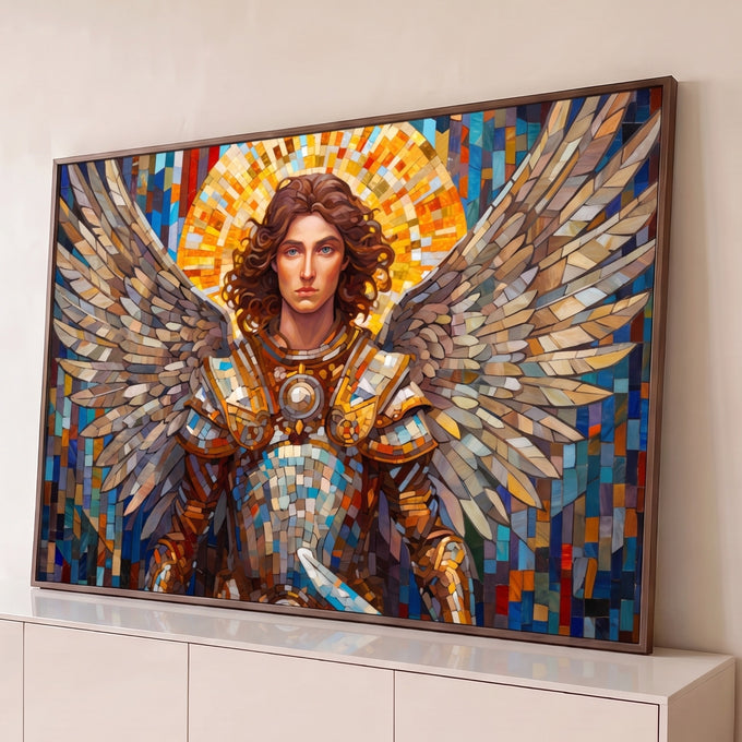 Quadro Decorativo Grande Anjo Guerreiro para Sala Dourado | quadros decorativos para sala | anjo guerreiro de armadura dourada com asas grandes e halo em mosaico colorido | Porao dos Quadros
