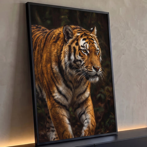 Tigre realista de olhos âmbar caminhando em floresta escura, pintura em tons laranja, quadro decorativo
