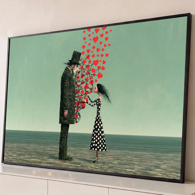 Casal surreal com homem de musgo e cartola e mulher de bolinhas entre corações vermelhos, quadro decorativo