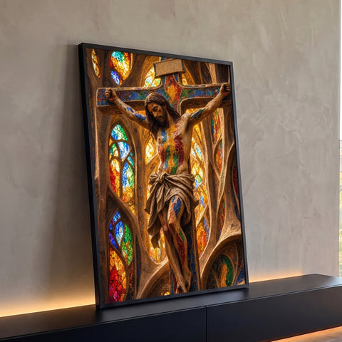 Jesus crucificado com corpo em mosaico colorido diante de vitrais góticos em luz dourada, quadro decorativo