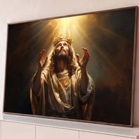 Quadro Decorativo Grande Jesus Rei Dourado para Sala - Borda Infinita / 65x100cm
