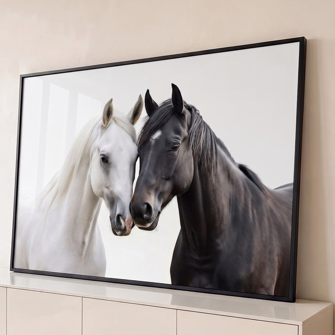 Quadro Decorativo Grande Cavalo e Cavalo para Sala Branco | quadros decorativos para sala | cavalo branco e cavalo preto encostando as cabeças em fundo branco | Porao dos Quadros