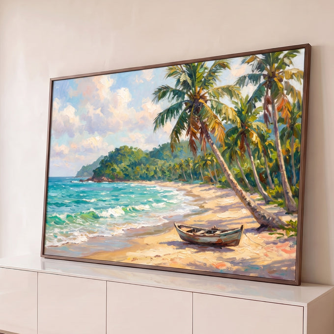Quadro Decorativo Grande tela de pinturas para Sala Azul | quadros decorativos para sala | praia tropical com mar turquesa, coqueiros inclinados e barco de madeira na areia | Porao dos Quadros