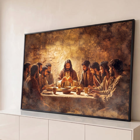 Jesus partindo o pão na Santa Ceia com os apóstolos à mesa, em tons marrons e dourados, quadro decorativo