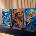Quadro Decorativo Kit 3 Telas Nossa Senhora para Sala Azul | quadros decorativos para sala | tríptico com Nossa Senhora, Menino Jesus e céu estrelado em azul e dourado | Porao dos Quadros
