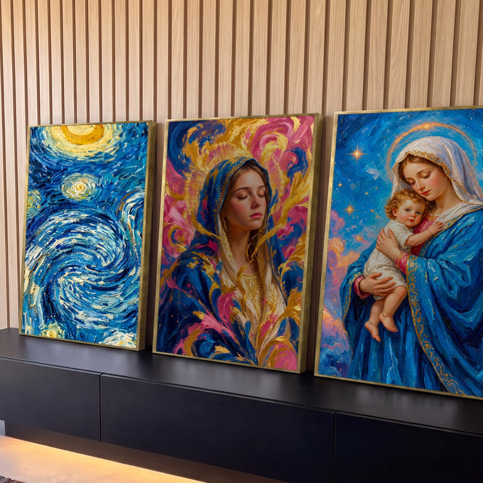 Quadro Decorativo Kit 3 Telas Nossa Senhora para Sala Azul | quadros decorativos para sala | tríptico com Nossa Senhora, Menino Jesus e céu estrelado em azul e dourado | Porao dos Quadros
