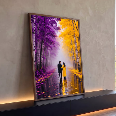 Casal de mãos dadas em estrada molhada entre bétulas roxas e amarelas com névoa, quadro decorativo