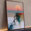 Quadro Decorativo Grande Árvore Solitária para Sala Rosa | quadros decorativos para sala | árvore seca solitária com grande lua rosa ao fundo sobre paisagem abstrata pastel | Porao dos Quadros
