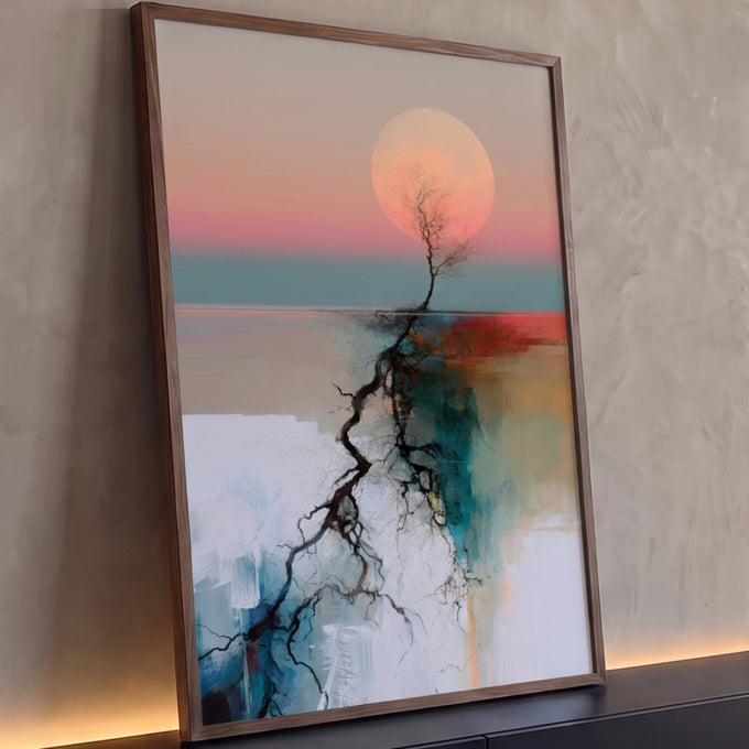 Quadro Decorativo Grande Árvore Solitária para Sala Rosa | quadros decorativos para sala | árvore seca solitária com grande lua rosa ao fundo sobre paisagem abstrata pastel | Porao dos Quadros