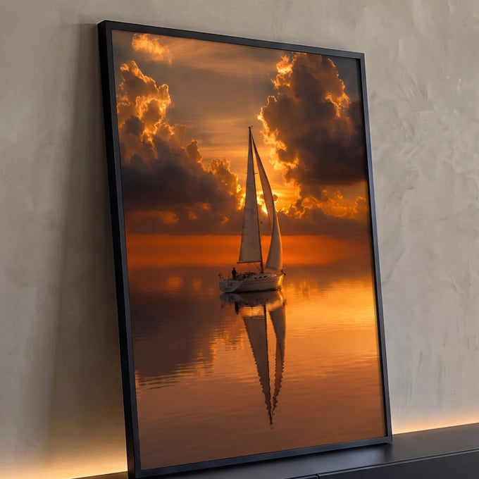 Veleiro navegando em mar calmo refletido sob pôr do sol laranja e nuvens douradas, quadro decorativo