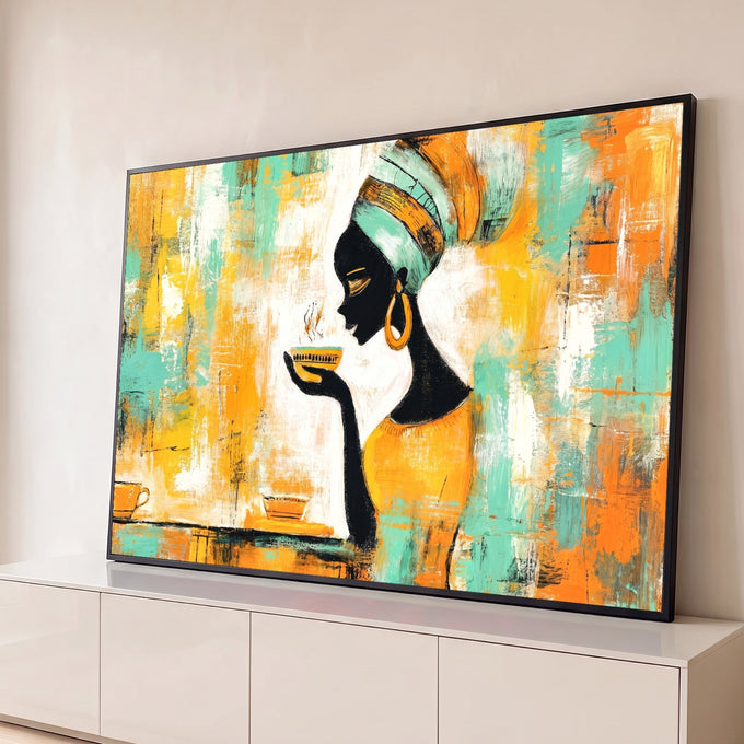 Mulher africana de turbante tomando café em pinceladas laranja e verde-água, quadro decorativo